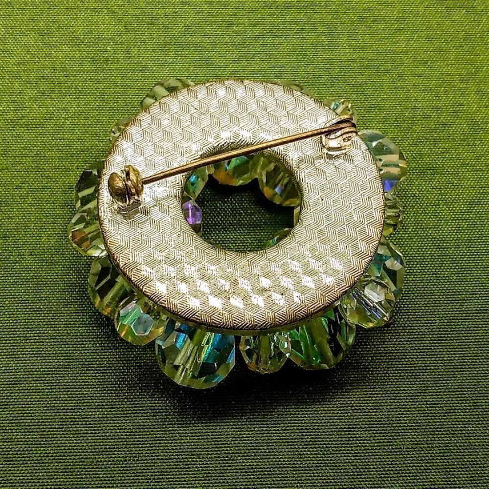 Vintage Aurora Borealis Crystal Round Pin Silver Textured Brooch - Picture 4 of 5